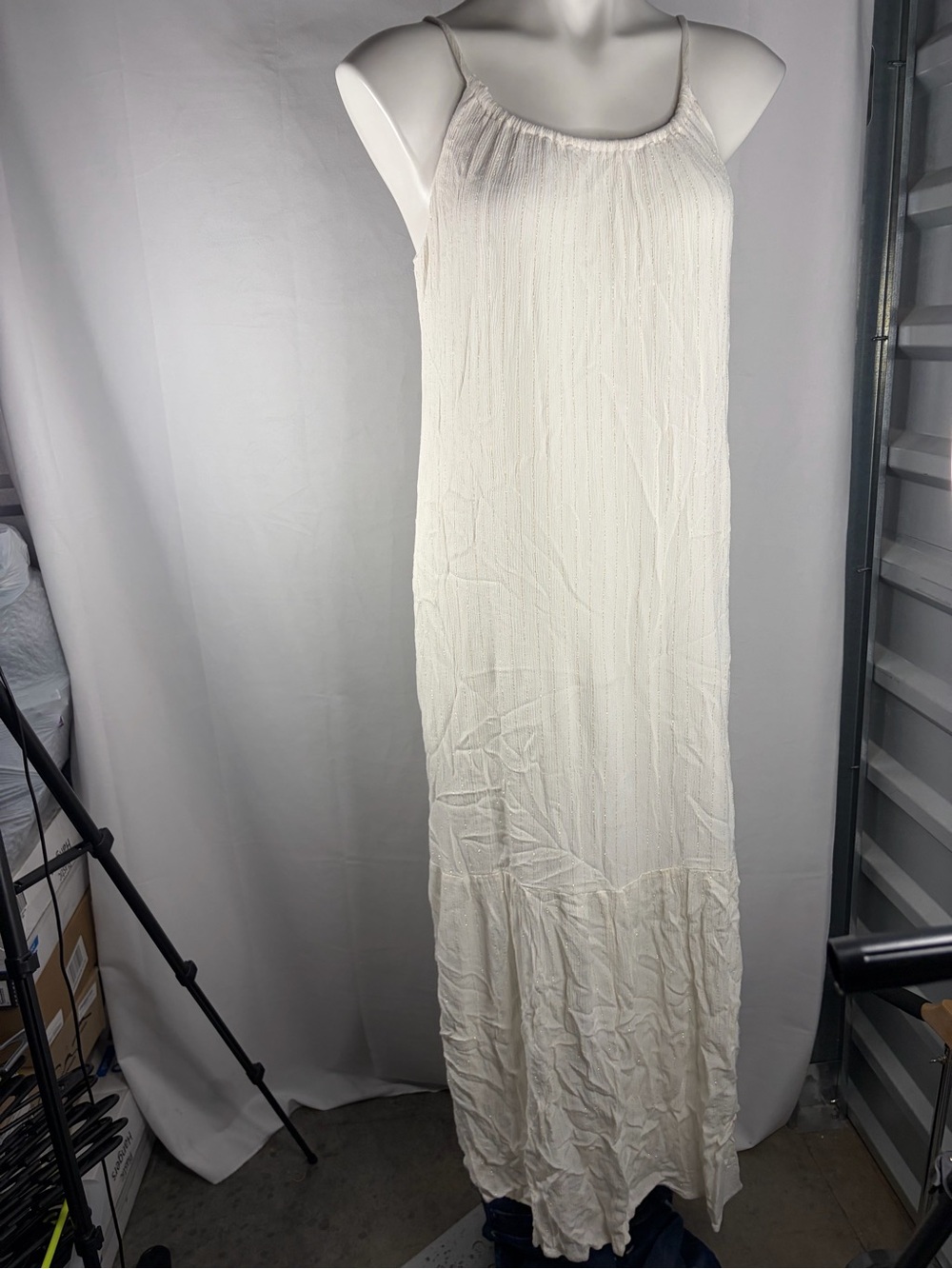 Women's Ivory Maxi Dress with Spaghetti Straps and Gold Stripes
